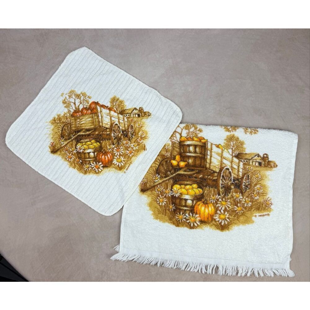 Vintage Hand Towel and Washcloth Set 1970s MCM Franco Pumpkin Wagon